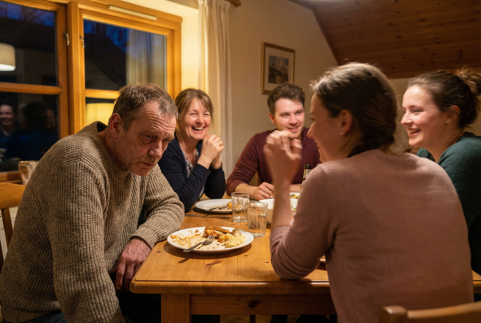 Man disconnected at family dinner, staring at his plate while family laughs