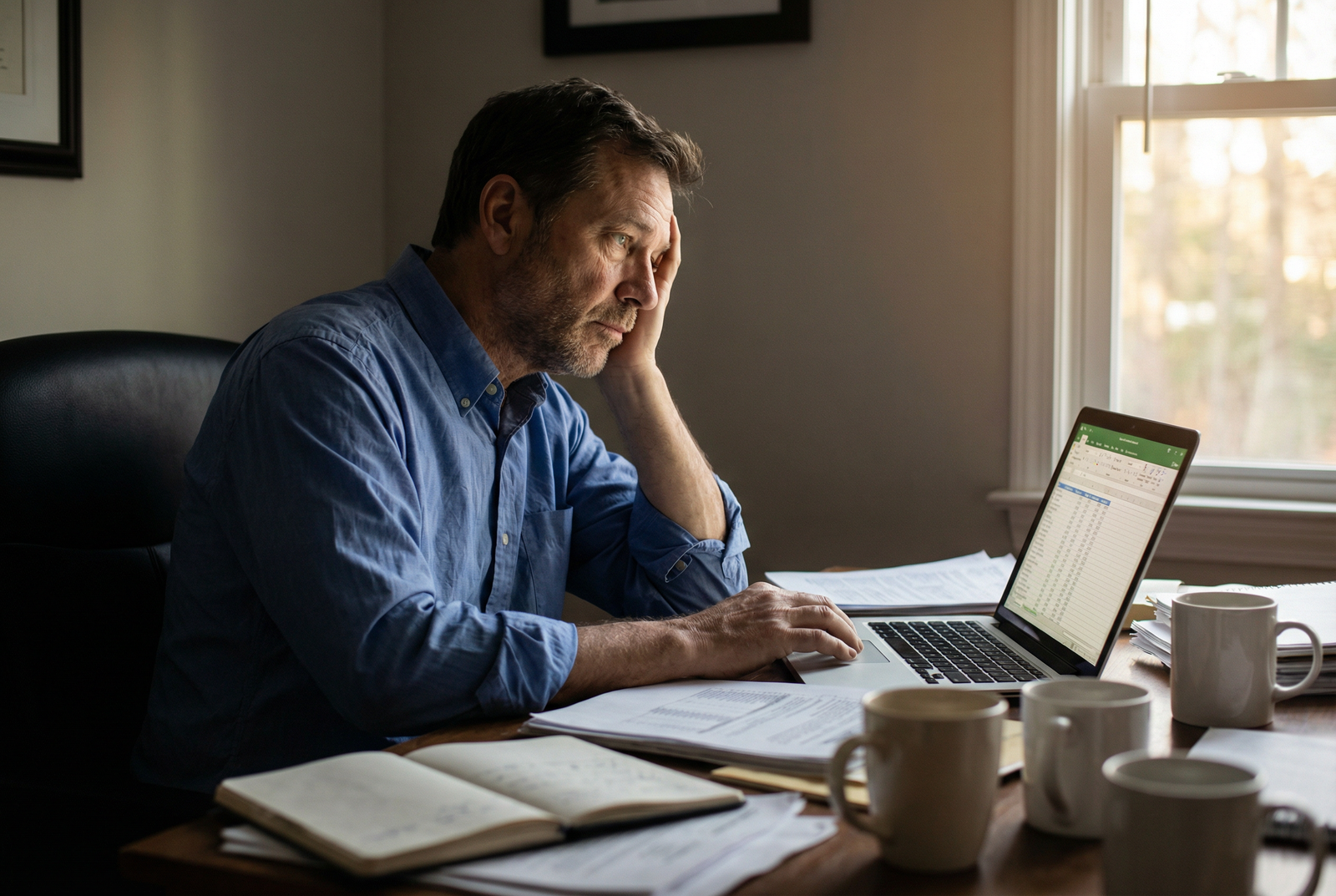Man exhausted at his desk, struggling with brain fog and low energy