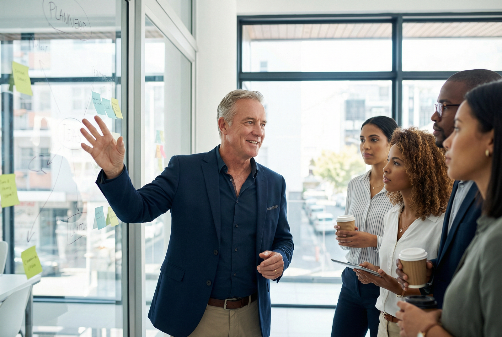 Confident man leading a team meeting, sharp and energized