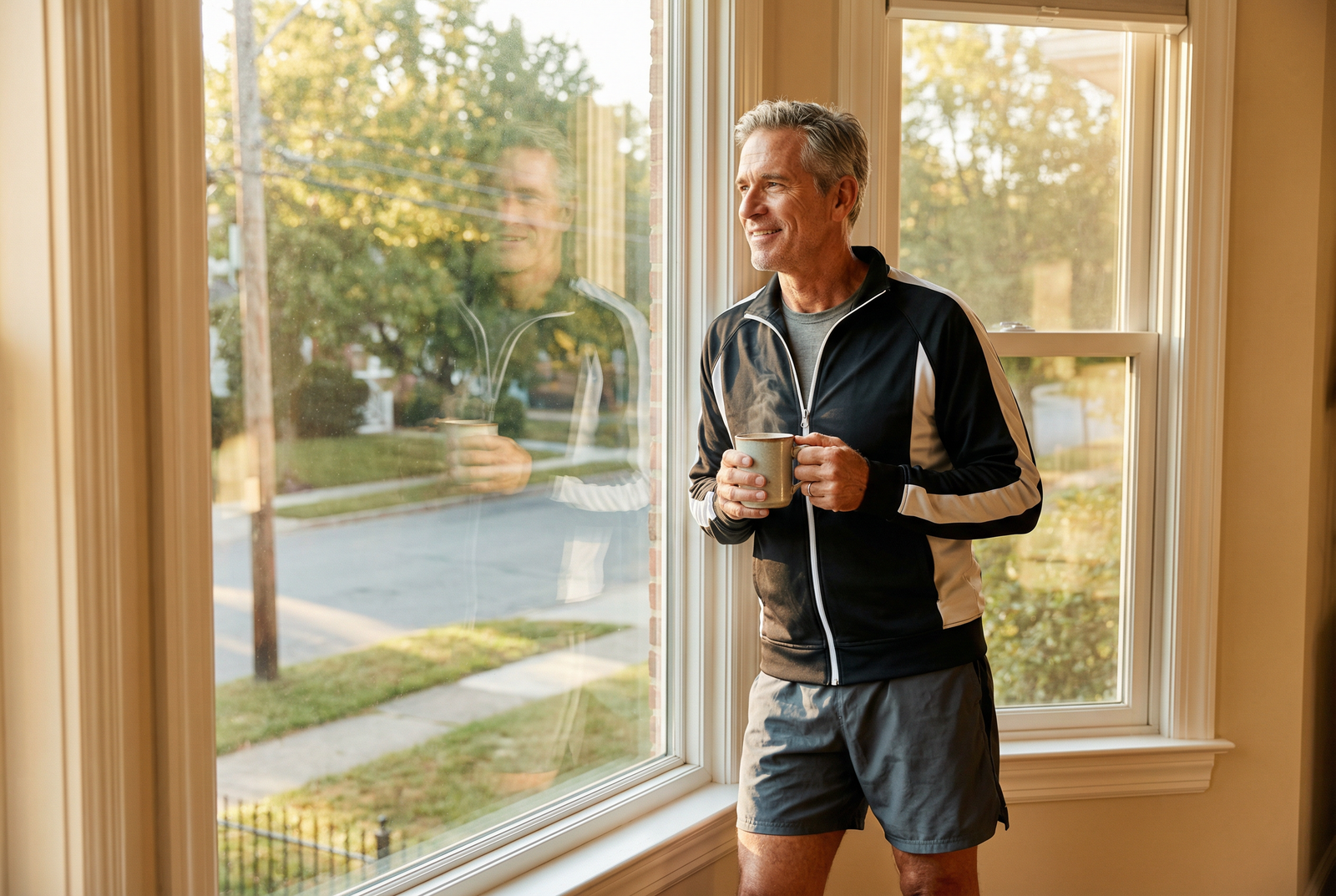 Man energized and alert in the morning, looking vibrant and refreshed