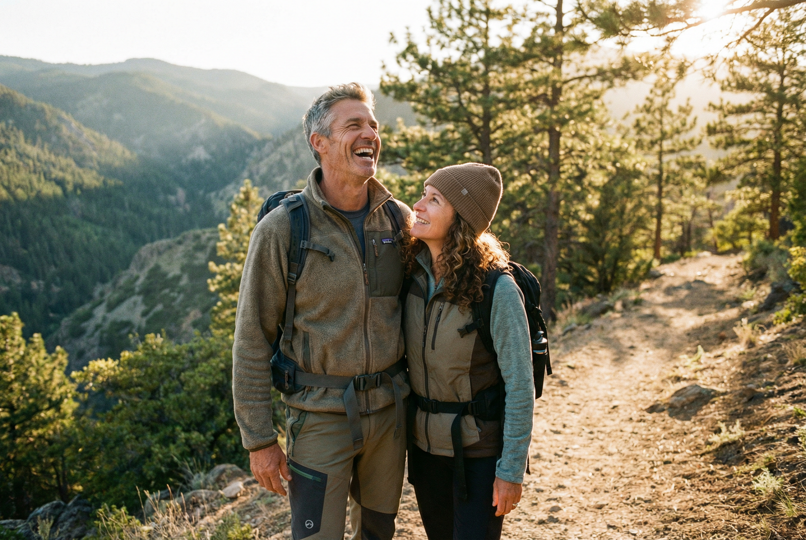 Man and partner laughing on a hiking trail, full of energy and joy