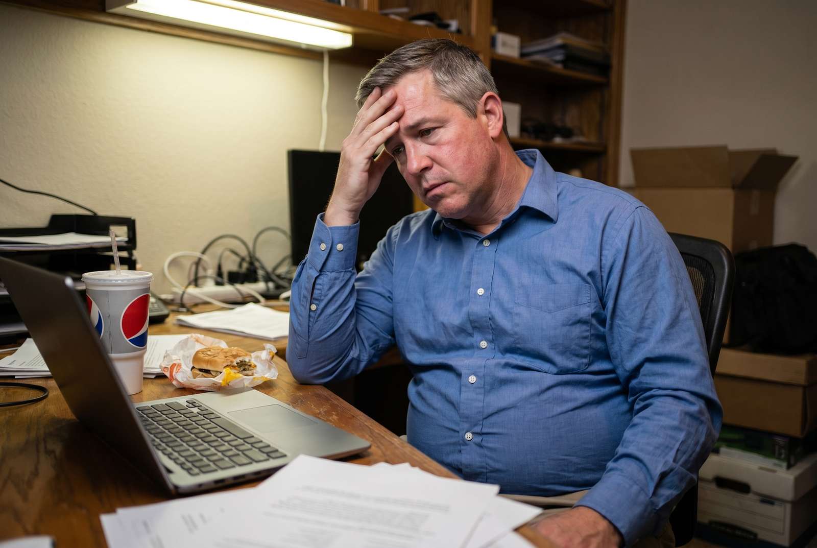 Richard at 57, overweight and exhausted at his cluttered desk — a candid photo from before his transformation