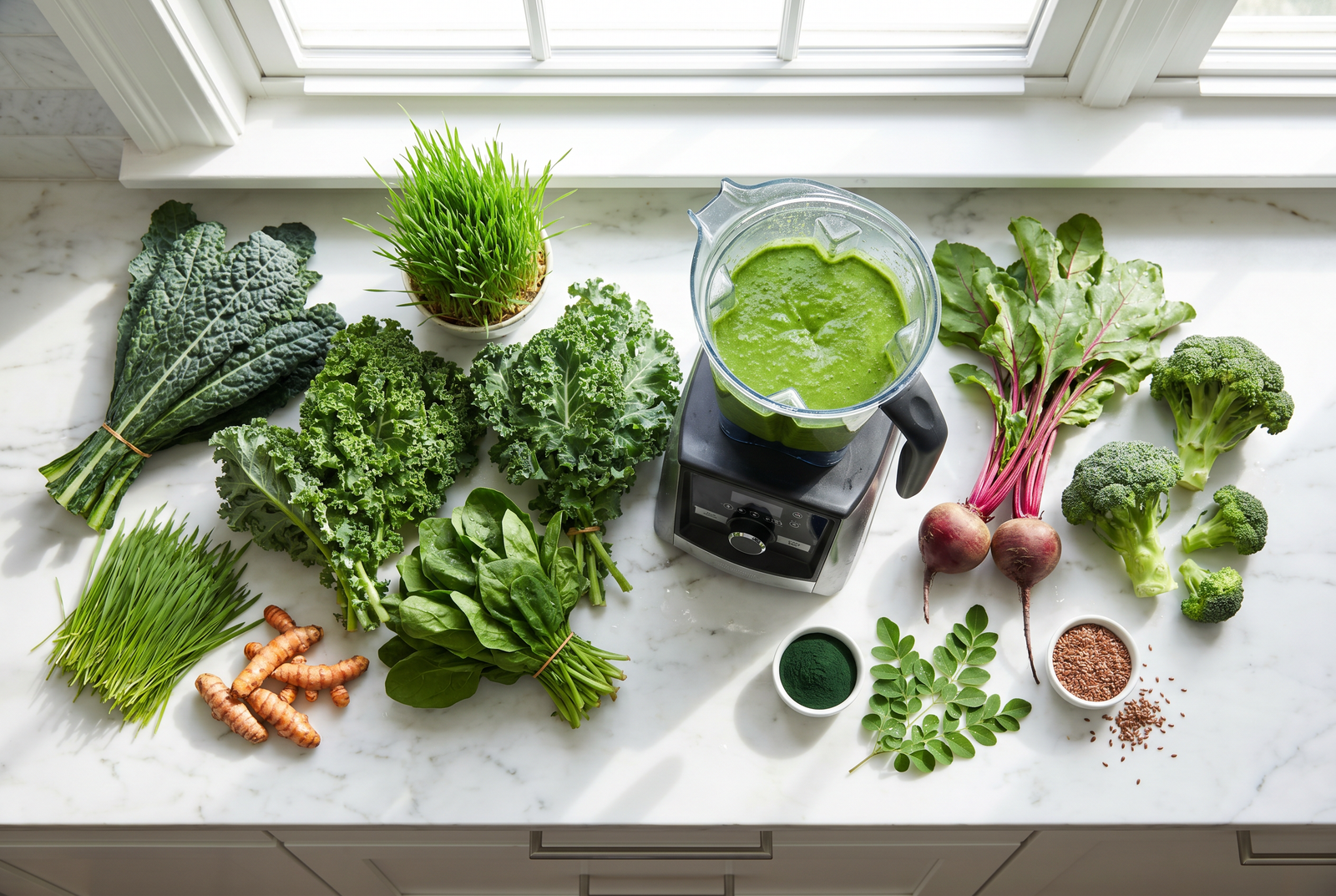 A kitchen counter full of leafy greens, vegetables, and smoothie ingredients